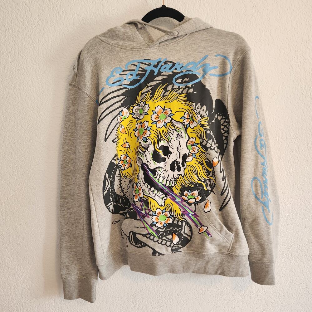 Y2K‎ Ed Hardy Men's Size Medium Skull Hoodie Double Sided Grunge Streetwear New
